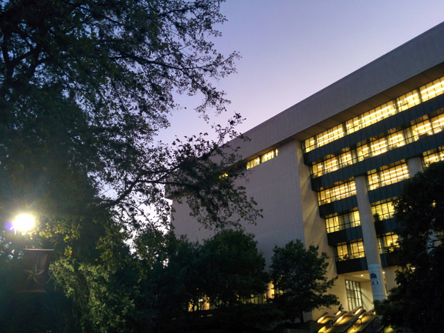 Alkek Library at dusk.